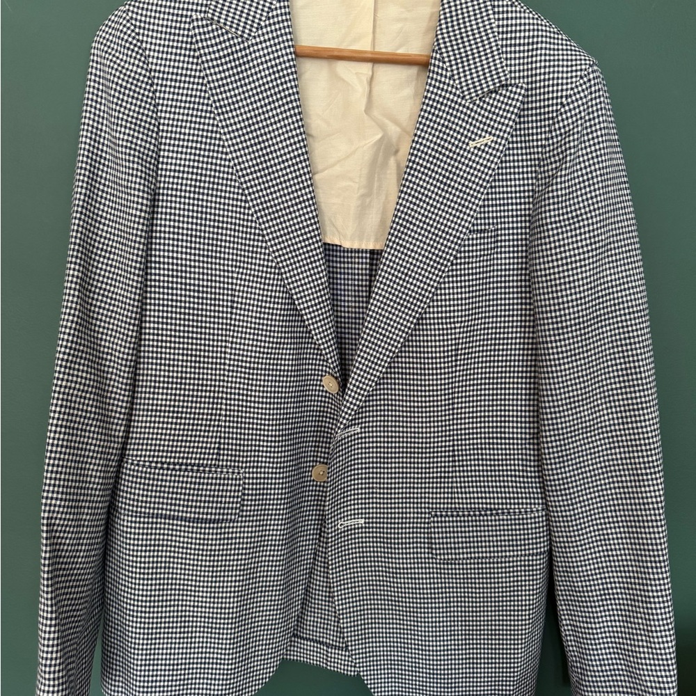 Men's Black and White Peak Lapel Houndstooth Checkered Blazer 38